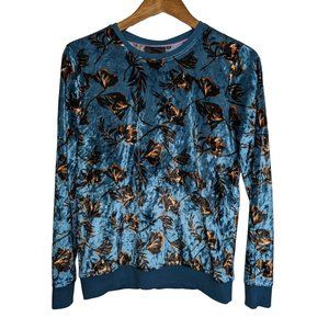 Nanette Lepore Teal Floral Print Velvet Pullover Sweater Womens Size S